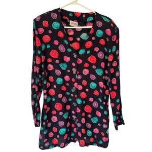 Vtg Womens Tunic Shirt Size L XL Art to Wear Artsy Black 80s Red Teal Lagenlook‎